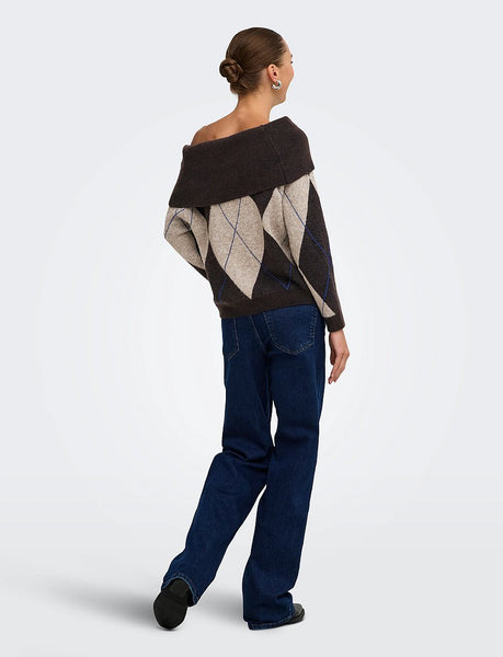 Only Off The Shoulder Argyle Check Knit Jumper In Brown