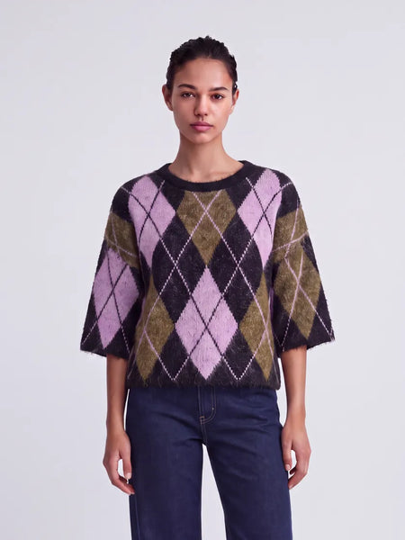 Only Boxy Short Sleeve Argyle Knit Top In Pink & Black