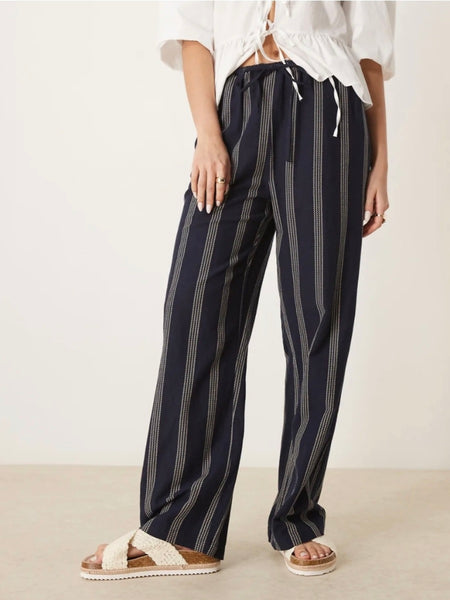 Vila Navy Rope Stripe Elasticated Tie Waist Wide Leg Trousers