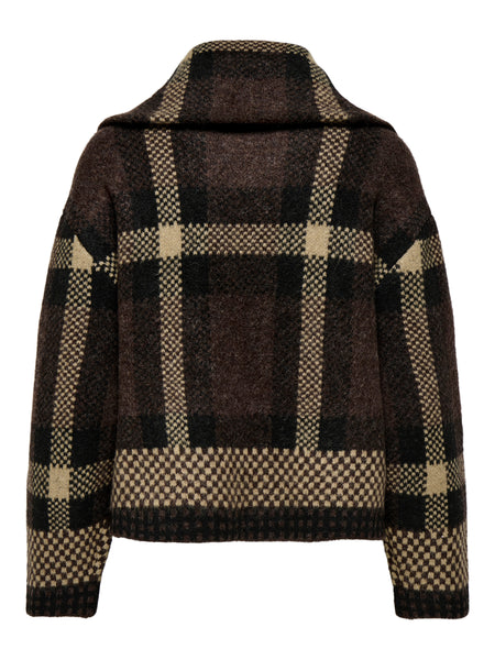 JDY Open Collar Zip Cardigan In Brown Check