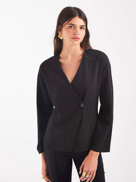 VM Asymmetric Wrap Front Long Sleeve Top In Black