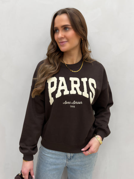 JDY Embroidered Paris Sweatshirt In Chocolate Brown