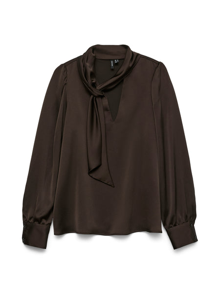 VM Tie Neck Satin Long Sleeved Blouse in Chocolate Brown