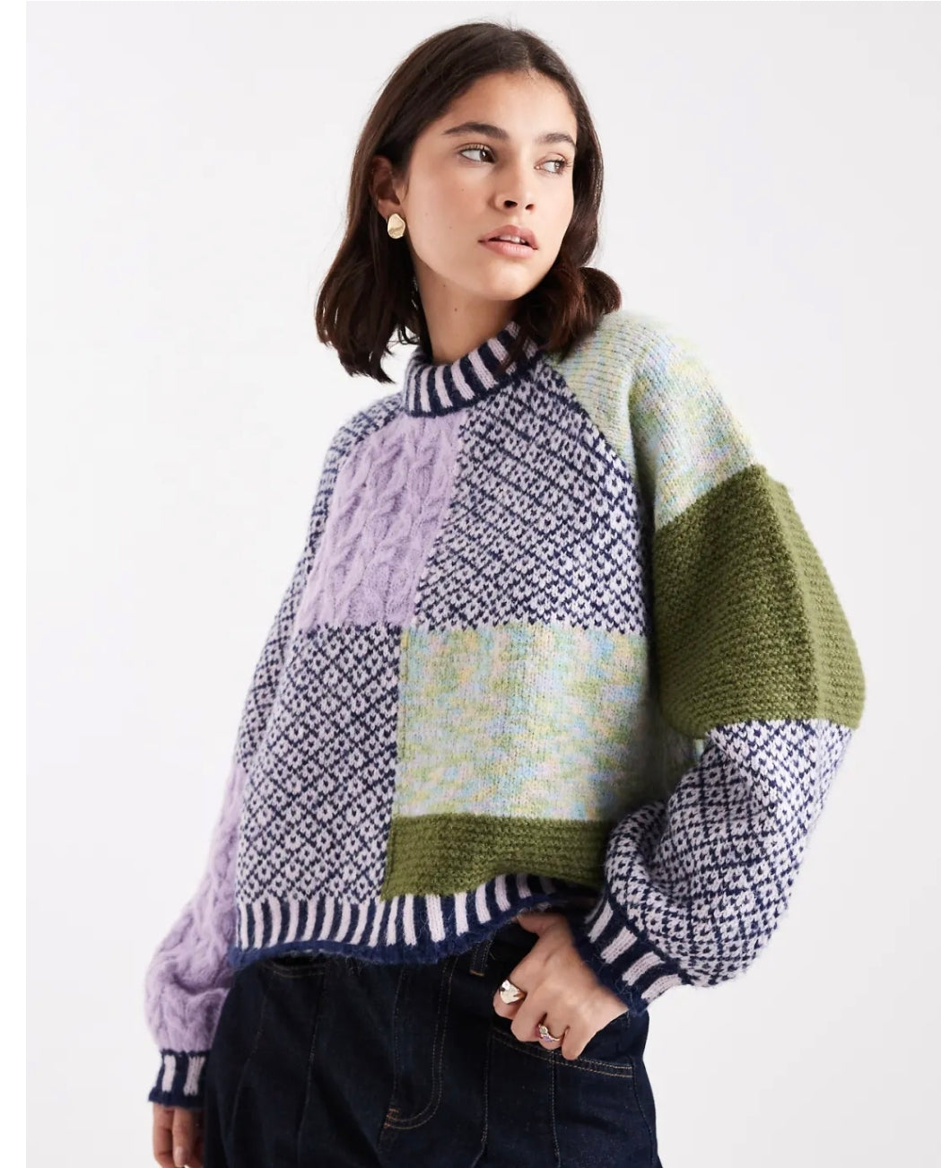 Pieces Multi Colour Patchwork Chunky Knit Jumper