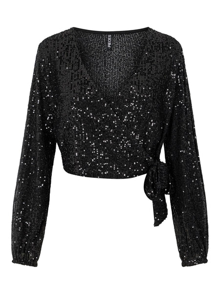 Pieces Long Sleeve Black Sequin Wrap Top