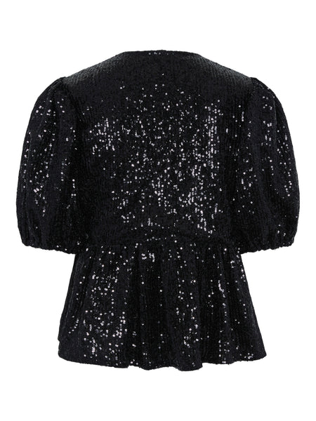 Pieces Black Sequin Tie Front Top