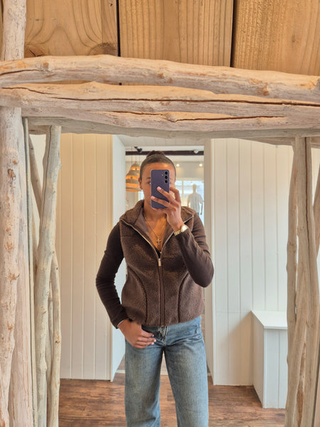 Only Teddy High Neck Zip Up Gilet In Brown