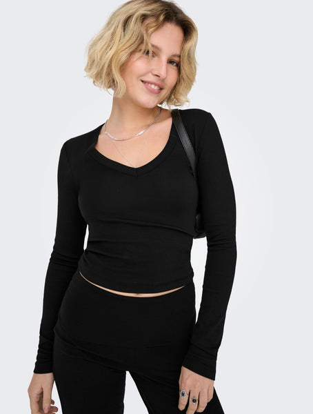 Only Vneck Long Sleeve Basic Top In Black