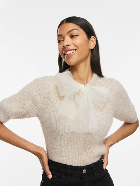 Vila Tie Neck Short Sleeve Knit Top In Oatmeal