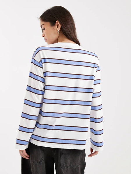 Pieces Long Sleeve Oversized Rugby Tshirt In Chocolate Blue Stripe
