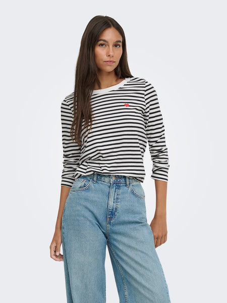 JDY Long Sleeve Heart Tshirt In Black Stripe