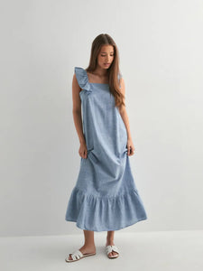 Pieces Ruffle Strap Tiered Cami Maxi Dress In Blue Stripe