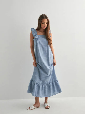 Pieces Ruffle Strap Tiered Cami Maxi Dress In Blue Stripe