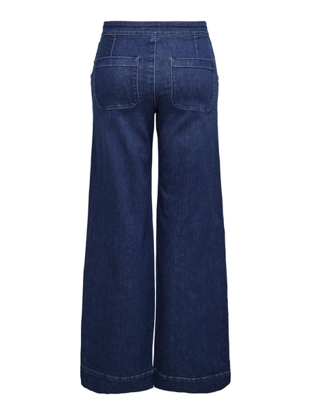 Only Madison High Waist Wide Leg Button Front Dark Blue Jeans