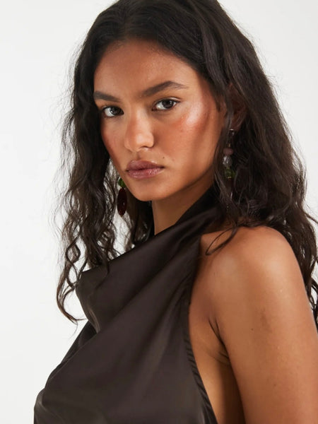 Pieces Asymmetric Satin Halterneck Top In Chocolate Brown