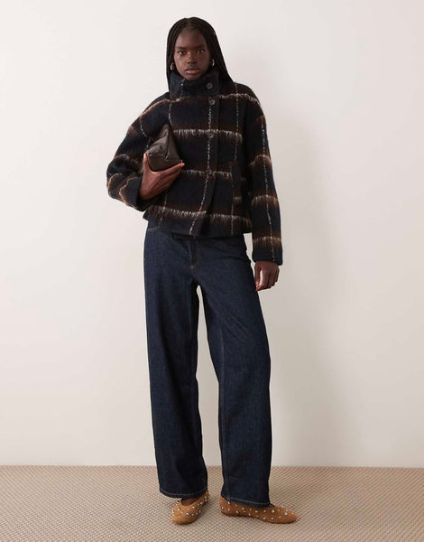 Vila Brushed Wool Feel Funnel Neck Coat In Navy & Brown Check