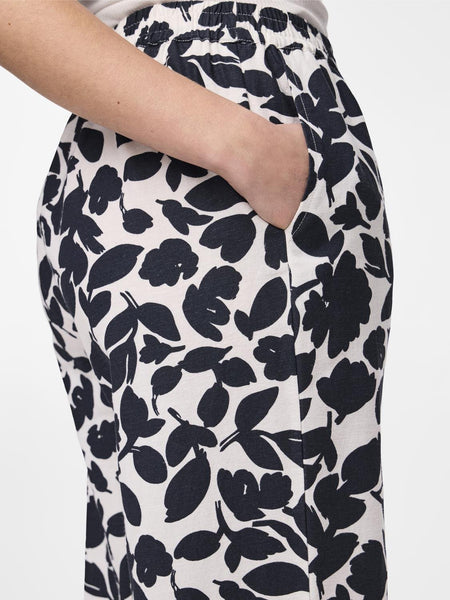 Pieces Linen Navy Floral High Waist Wide Leg Trousers