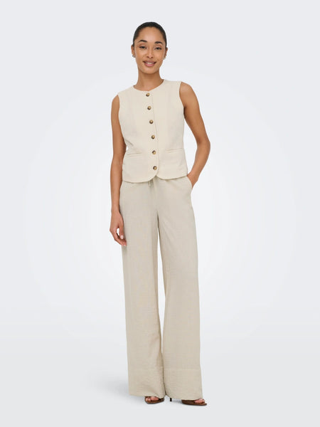 JDY Elasticated Waist Wide Leg Palazzo Trousers In Oatmeal