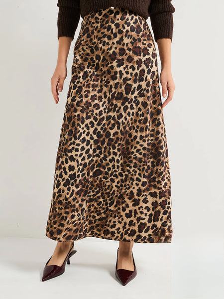Only Satin Bias Cut Midi Skirt In Leopard Print