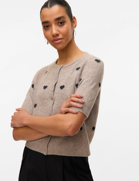 VM Short Sleeve Heart Knit Cardigan In Oatmeal