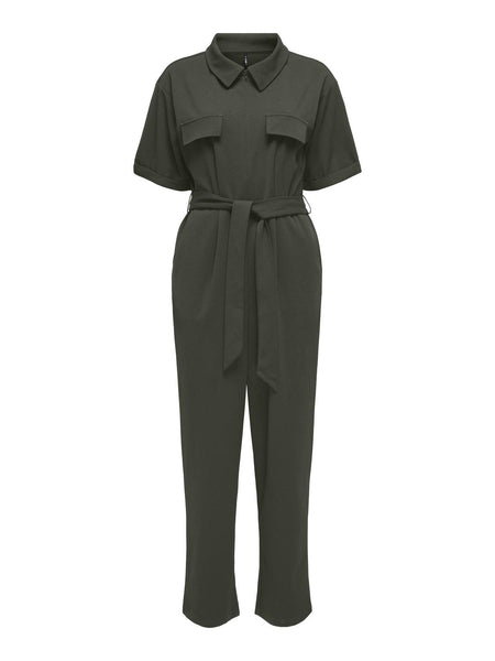 Only Short Sleeve Zip Front Jumpsuit In Khaki