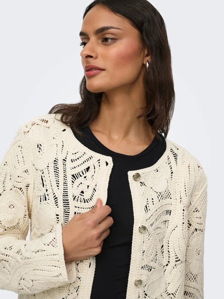 JDY Long Sleeve Crochet Cardigan In Cream