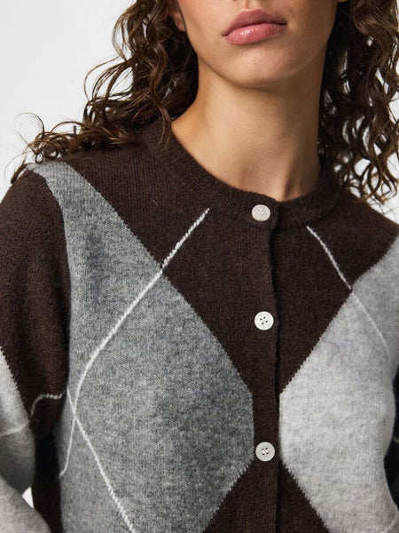 Pieces Argyle Long Sleeve Knit Cardigan In Brown