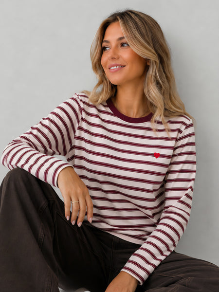 JDY Long Sleeve Heart Tshirt In Pink Stripe