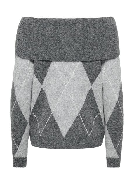 Only Off The Shoulder Argyle Check Knit Jumper In Grey
