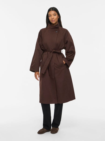 Vila Belted Funnel Neck Trench Coat In Dark Brown