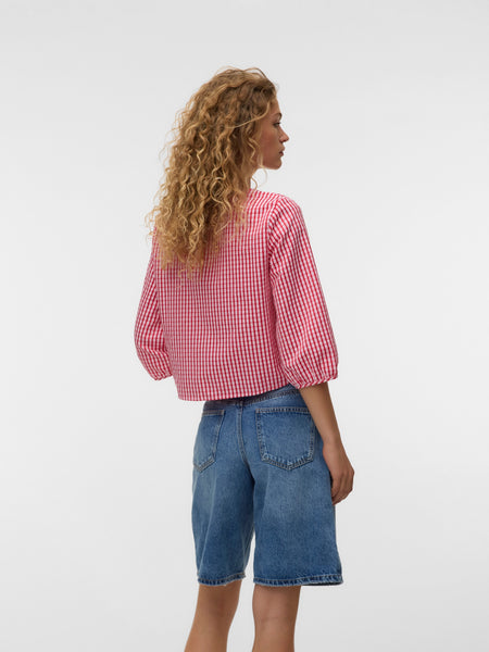 VM 3/4 Sleeve Tie Front Top In Red Gingham