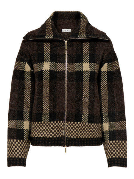 JDY Open Collar Zip Cardigan In Brown Check