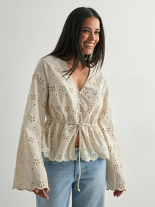 Pieces Tie Front Long Sleeve Broderie Anglaise Blouse
