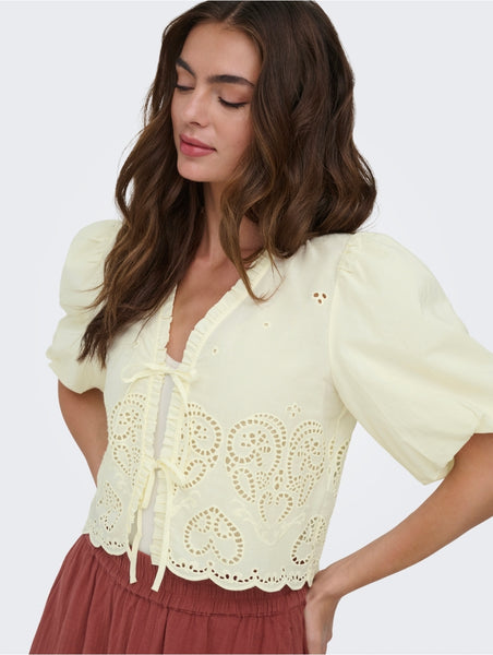 Only Embroidered Tie Front Short Sleeve Top In Pale Lemon