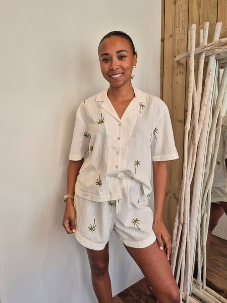 Pieces Cheesecloth Embroidered Palm Tree Shirt & Short Co-ord Set - Items Sold Separately