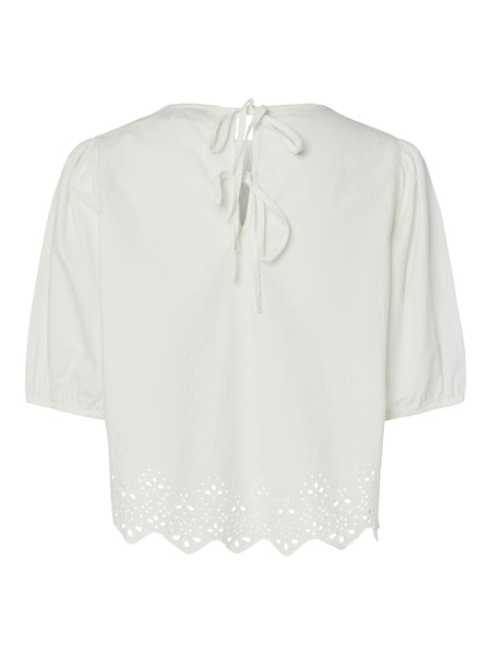 Pieces Short Sleeve Tie Back Top With Embroidery Detail In White