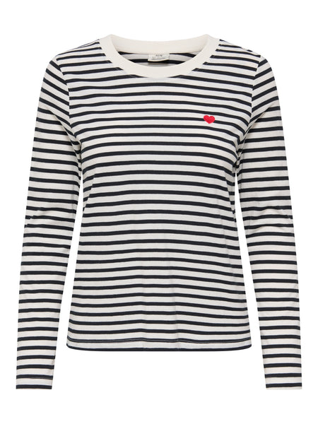 JDY Long Sleeve Heart Tshirt In Black Stripe