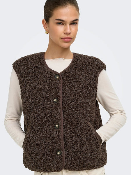 Only Button Front Teddy Gilet Waistcoat In Chocolate Brown