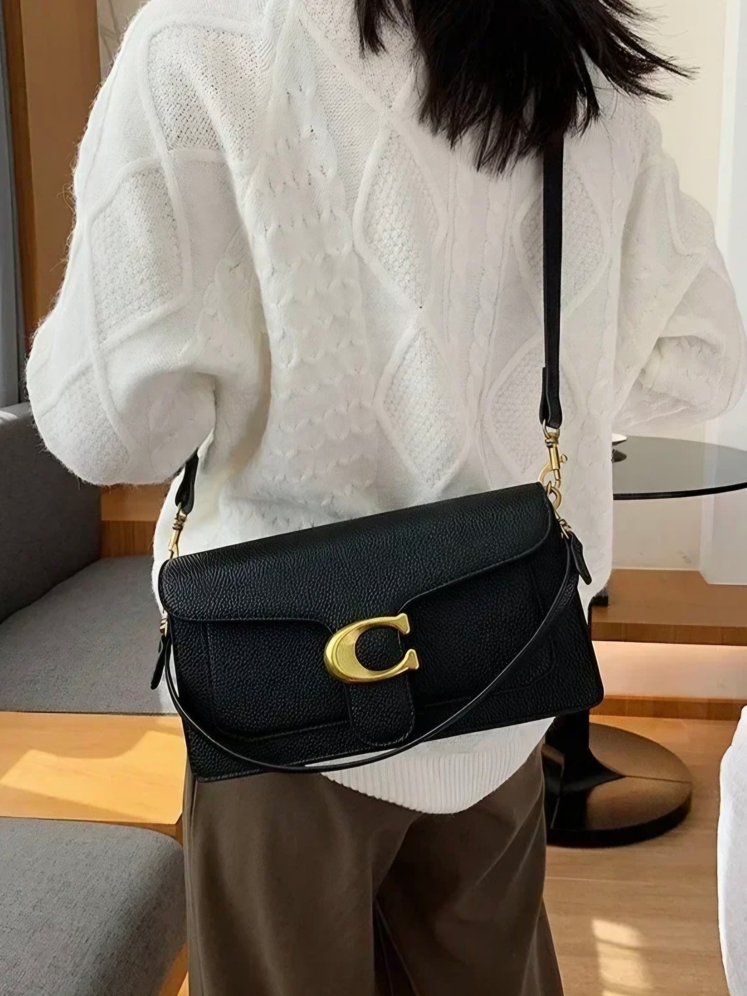 Tabby Faux Pebbled Leather Shoulder Bag In Black