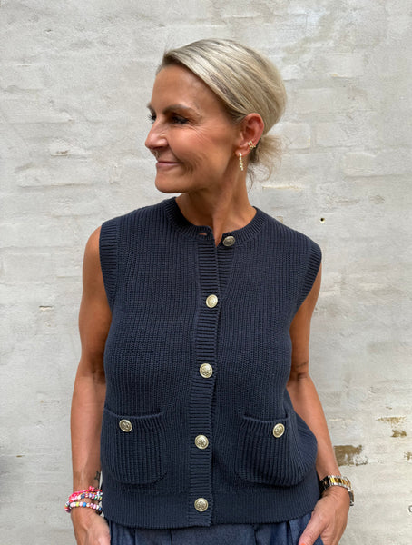 JDY Knitted Round Neck Button Up Waistcoat In Navy