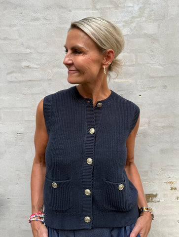 JDY Knitted Round Neck Button Up Waistcoat In Navy