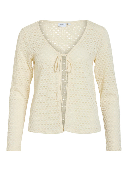 Vila Tie Front Crochet Cardigan In Birch