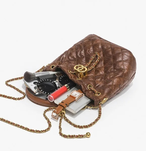 Bronze Quilted Gold Chain Bucket Bag