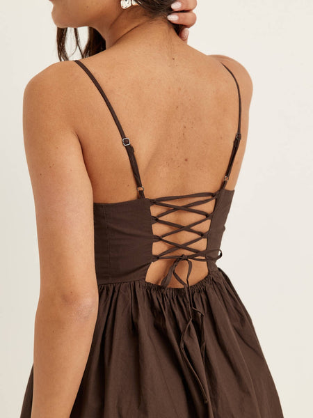 Only Corset Open Tie Back Long Maxi Dress In Chocolate Brown