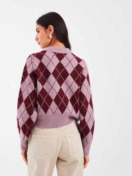 VM Pink & Burgundy Argyle Cropped Knit Cardigan