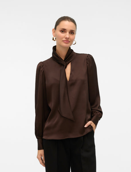 VM Tie Neck Satin Long Sleeved Blouse in Chocolate Brown