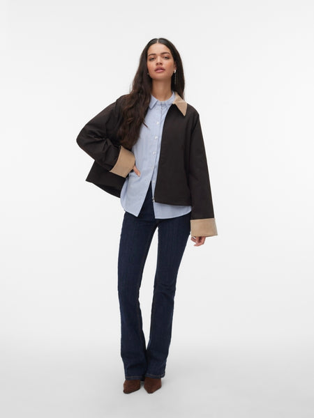 VM Contrast Collar Zip Front Short Jacket In Chocolate Brown