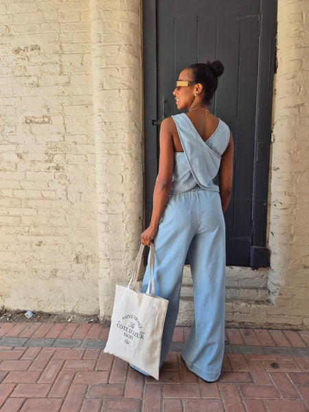 Pieces Light Blue Denim Open Back Top & Wide Leg Jeans Co-ord Set - Items Sold Separately