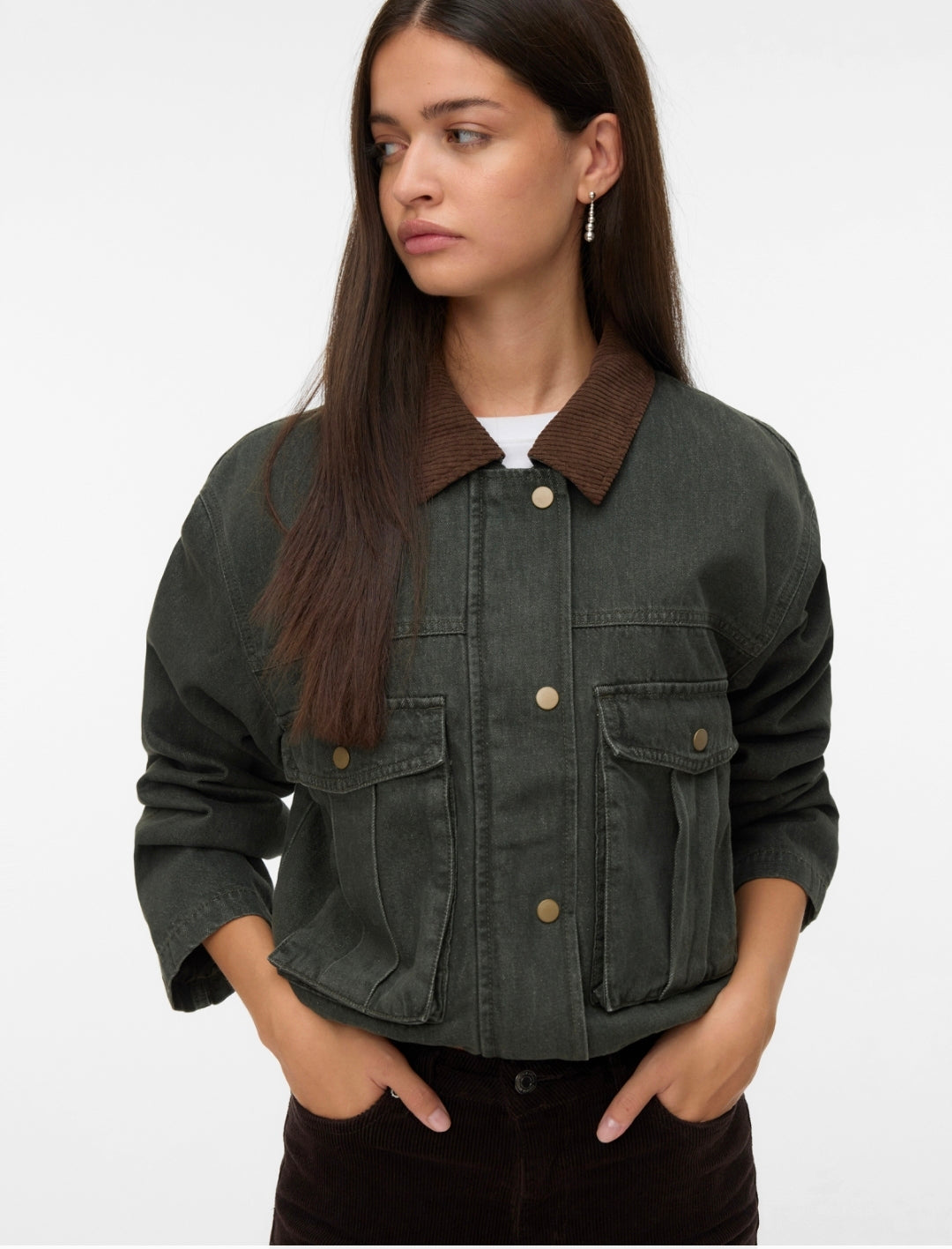 VM Contrast Collar Denim Jacket In Khaki Green