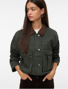 VM Contrast Collar Denim Jacket In Khaki Green